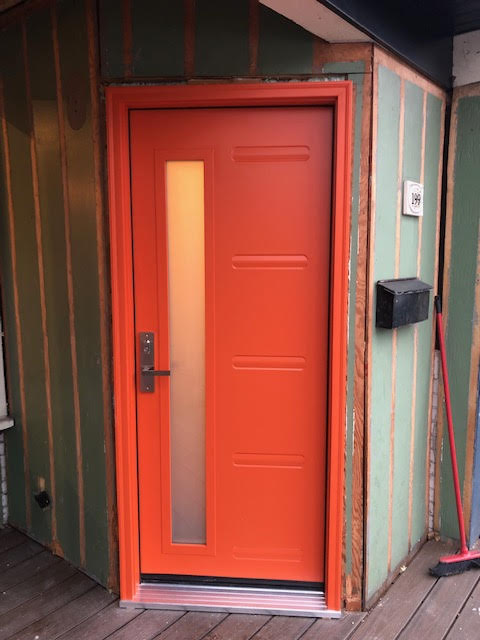 steel-door-installation-replacement-toronto-orange-with-offset-window